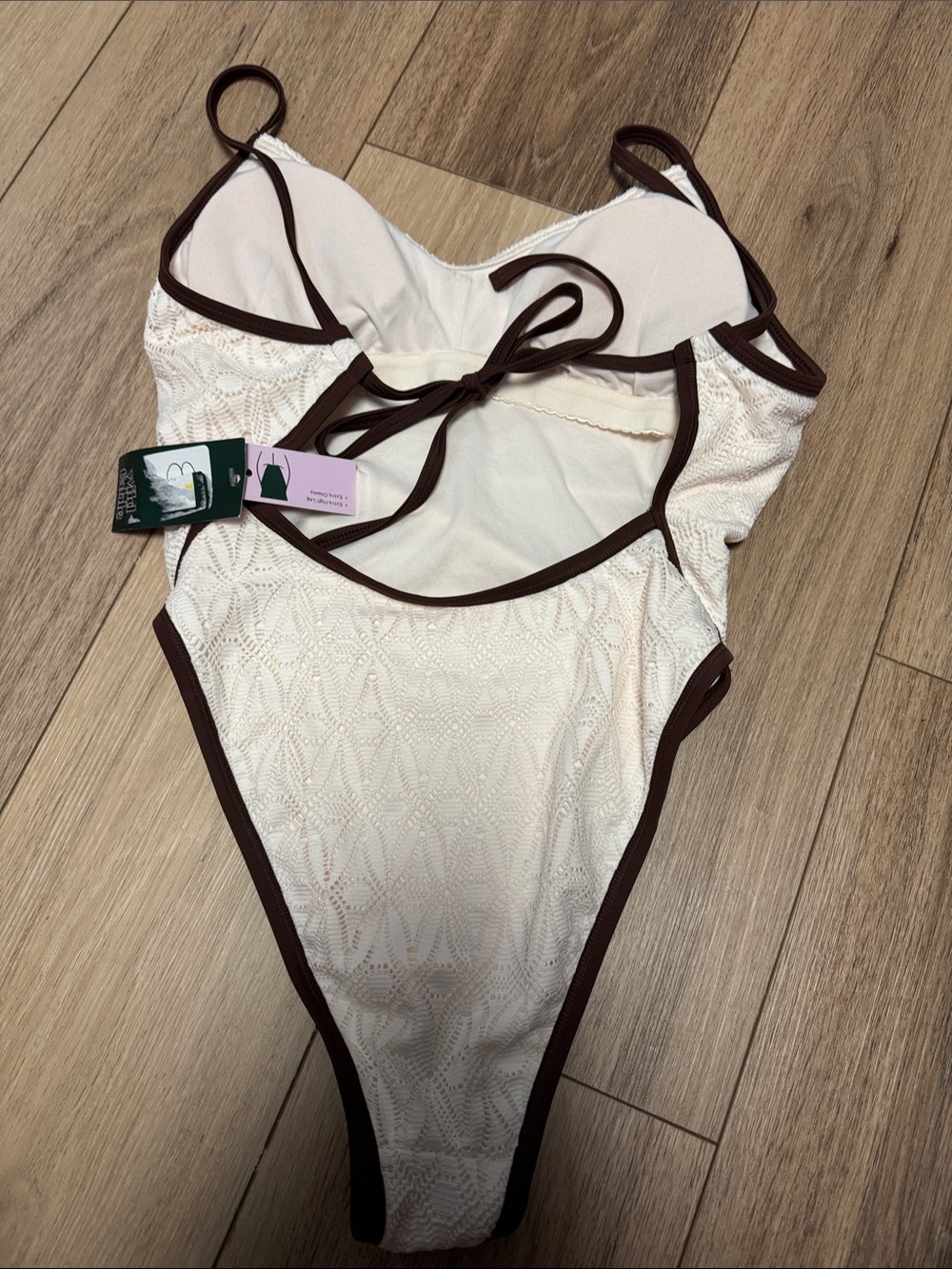 Wild fable NWTS ( M ) CREAM lacey Textured BROWN TRIM SEXY One-Piece Swimsuit - Picture 6 of 9